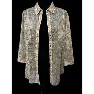 Chicos Paisley Button-Down Shirt With 3/4 Sleeves Beige & Earth Tones, sheer, ca